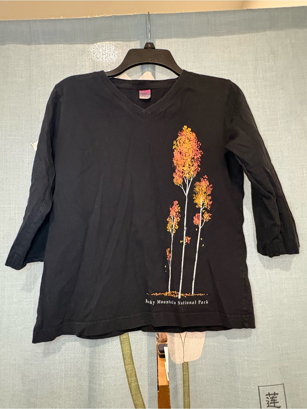Rocky Mountain National Park BlackV-Neck Tee with Autumn Tree Print
